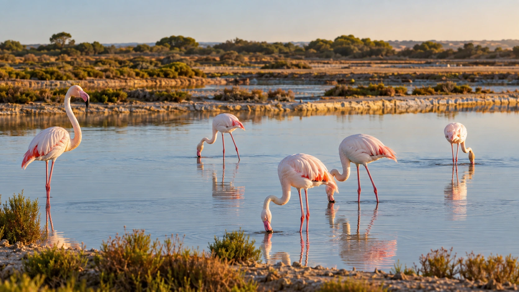 Flamingos reflected in the still water of saltpans in warm evening light