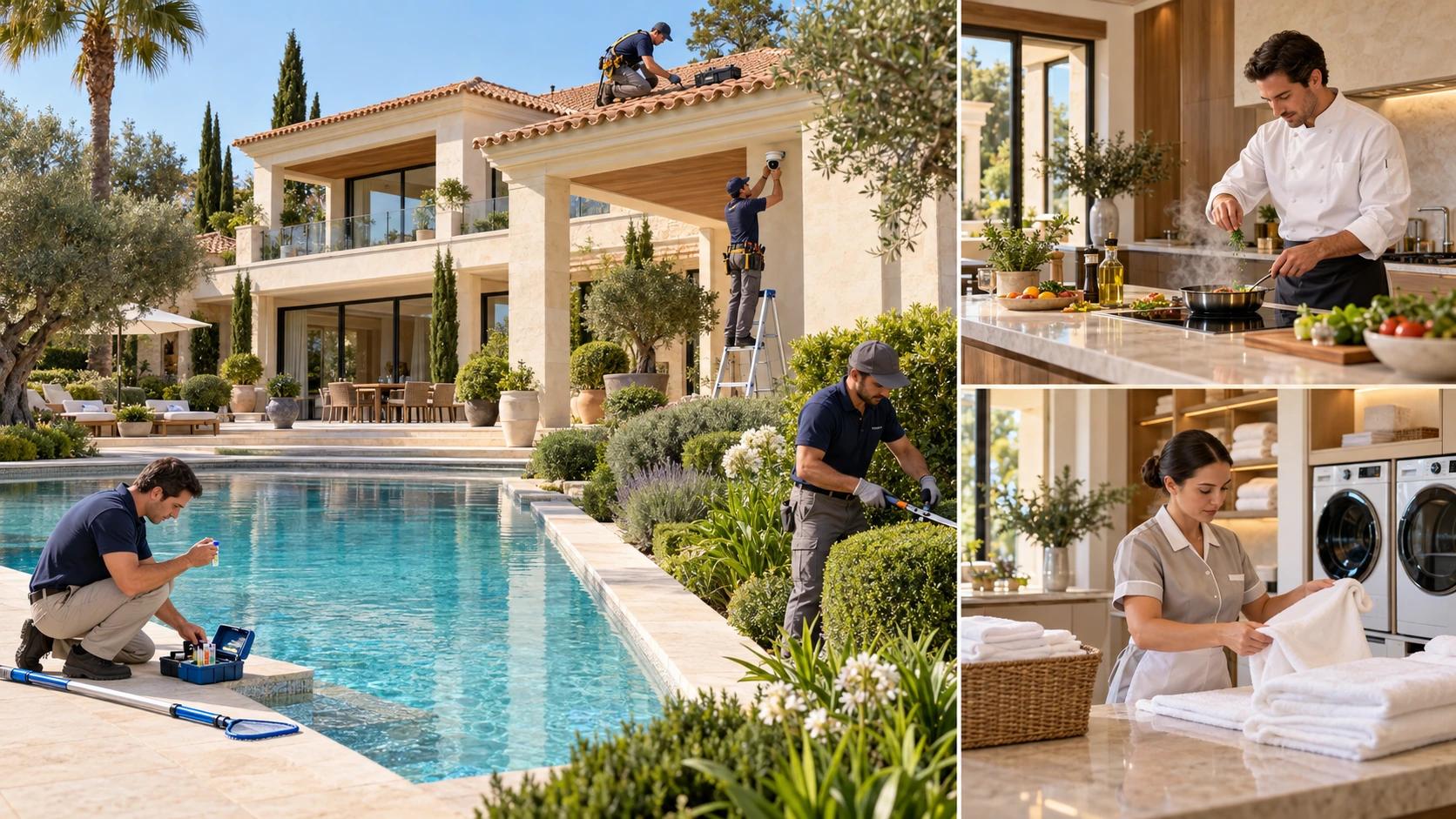 Professional care at a luxury villa: roof and CCTV maintenance, pool and garden care, a private chef and linen service