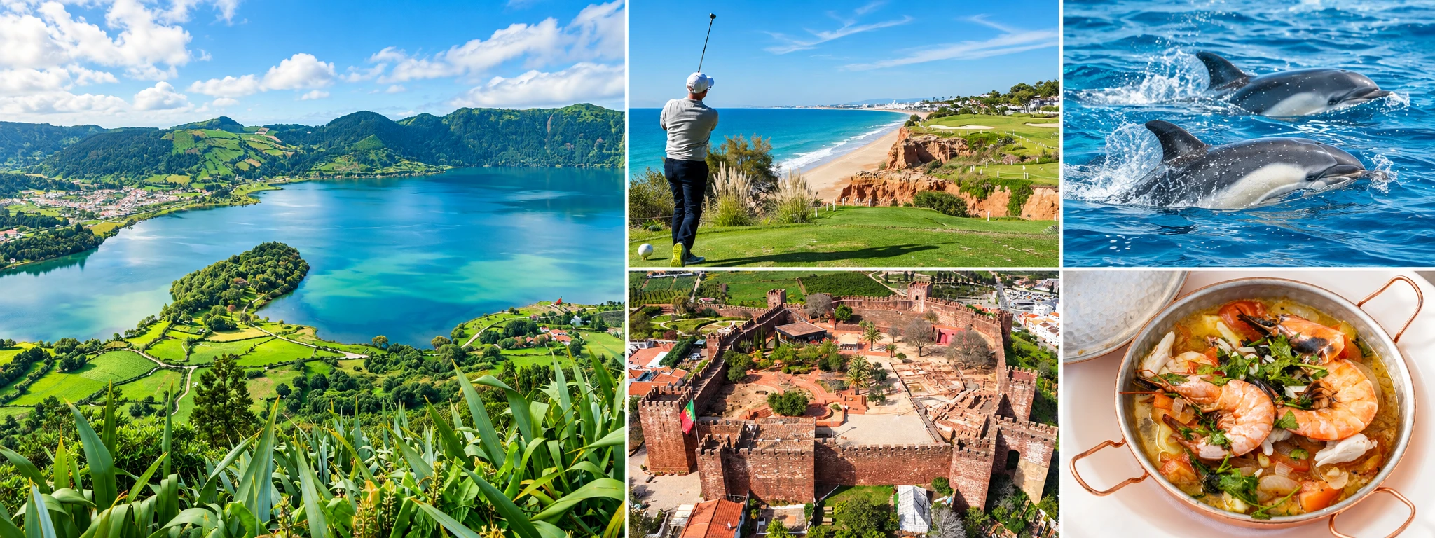 Editorial collage of São Miguel’s lakes, coastal golf, dolphins, Silves Castle and Portuguese seafood