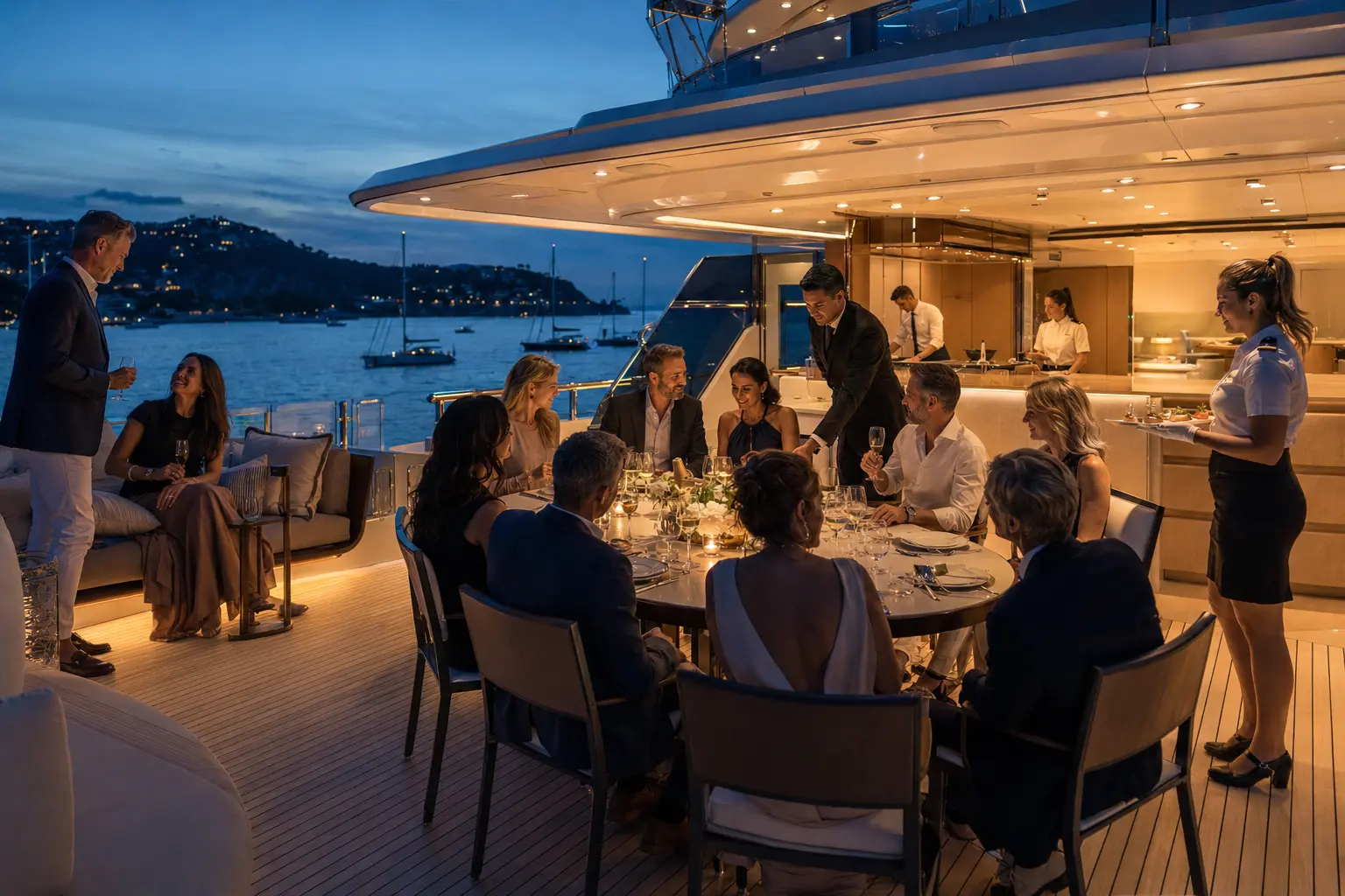 Editorial illustration of attentive dining service on the aft deck of a superyacht at sunset