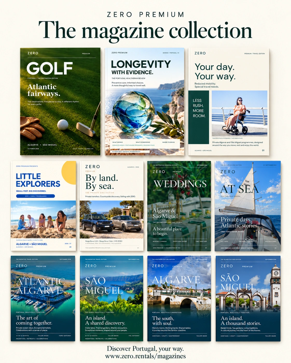 The eleven ZERO magazine covers: golf, longevity, family, travel at your pace, private journeys, weddings, sailing, destinations and culture.