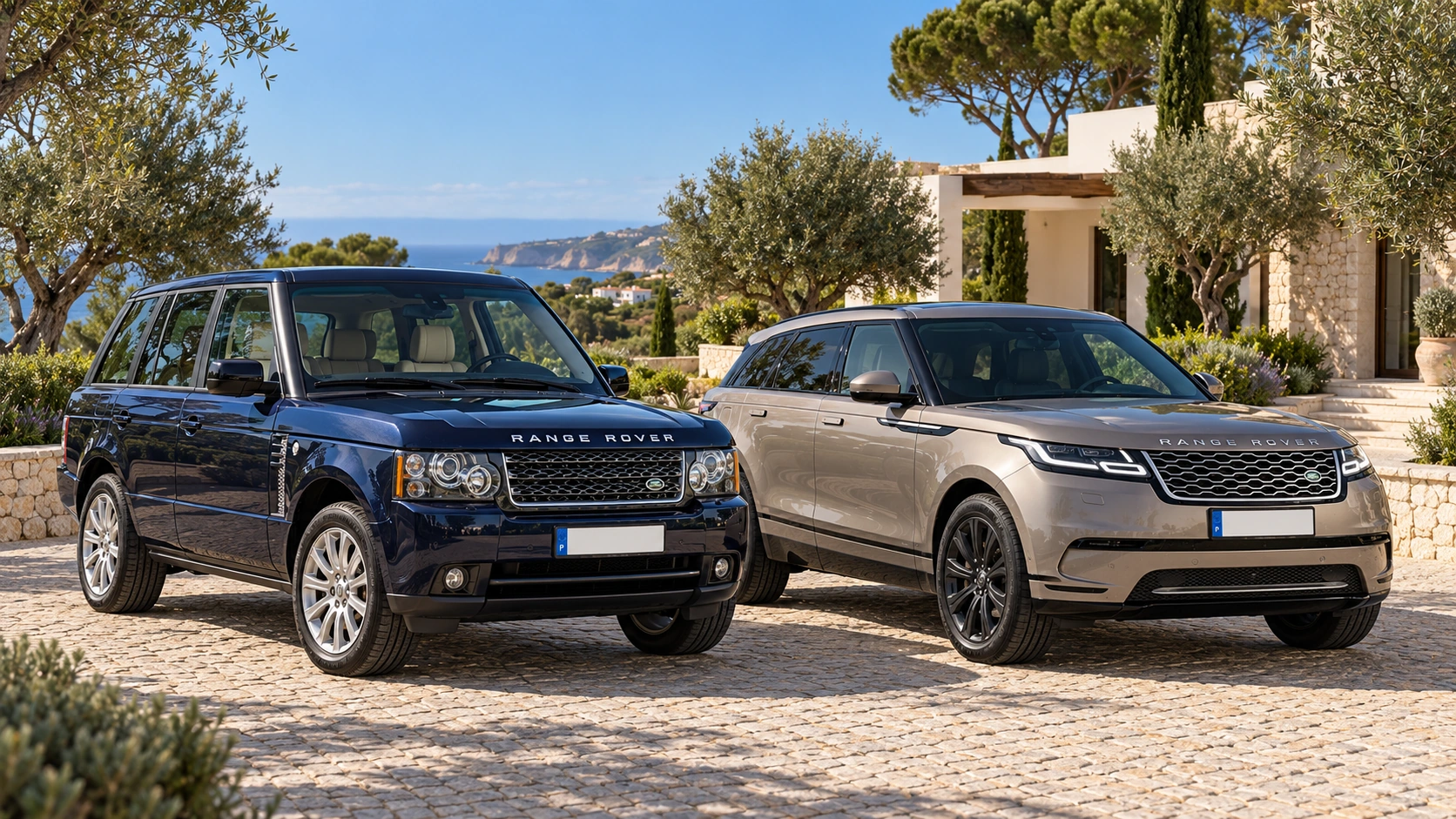 ZERO’s navy Range Rover L322 and metallic Range Rover Velar side by side; a retouched composite of the fleet photographs.