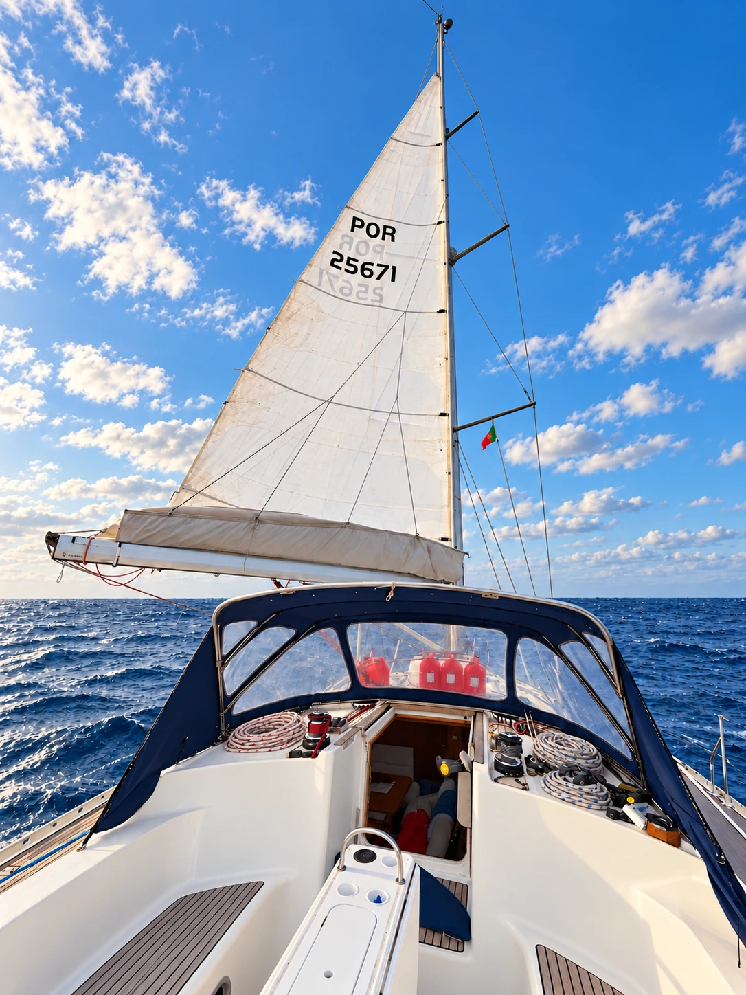 Sails, rigging and cockpit aboard S/Y ZERO under a blue sky.