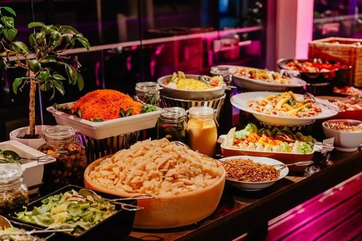 Banquet station with a selection of prepared dishes at Pine Cliffs.