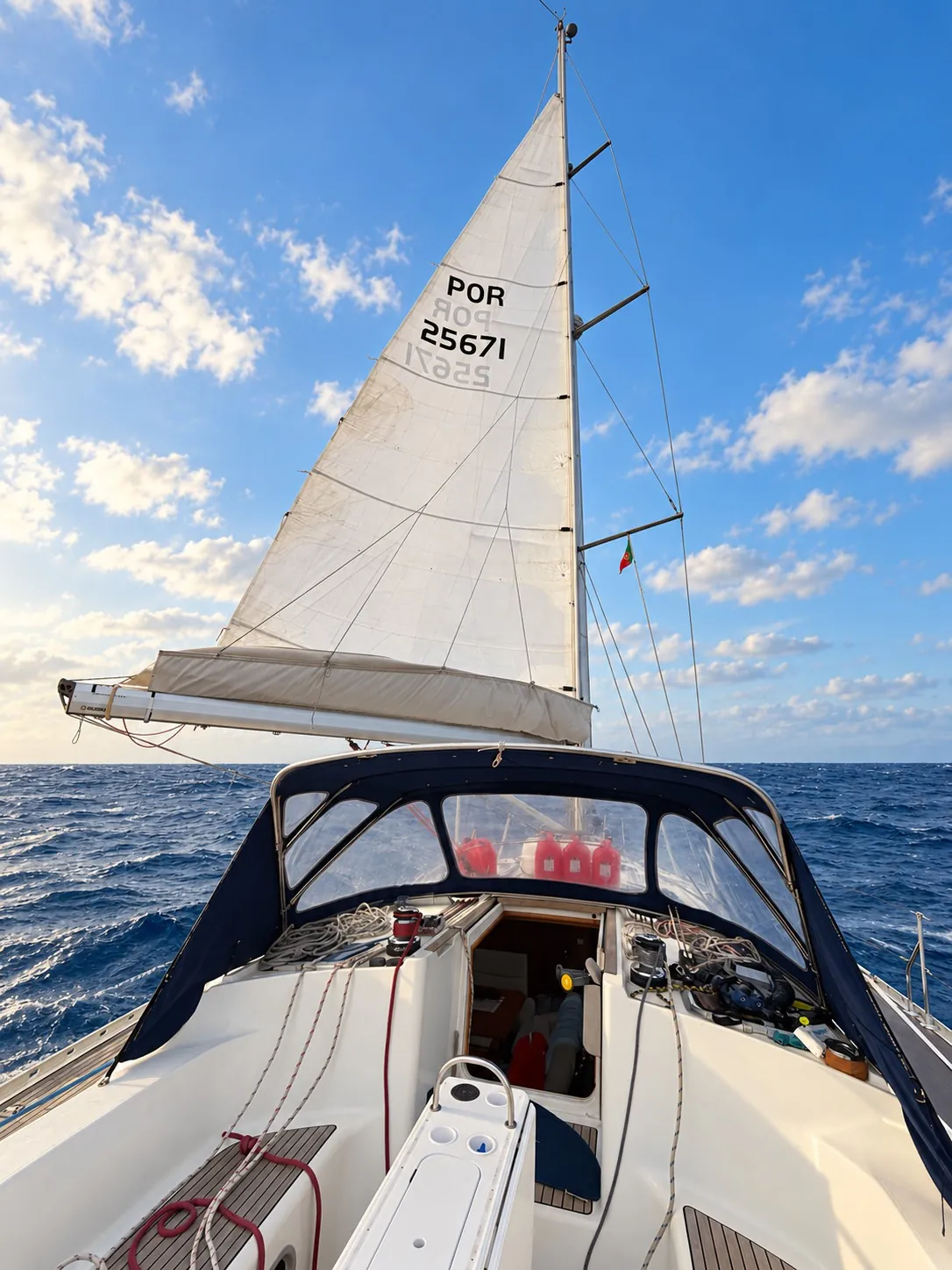 Looking from ZERO’s cockpit along the deck towards its mast and raised sail on the open sea.