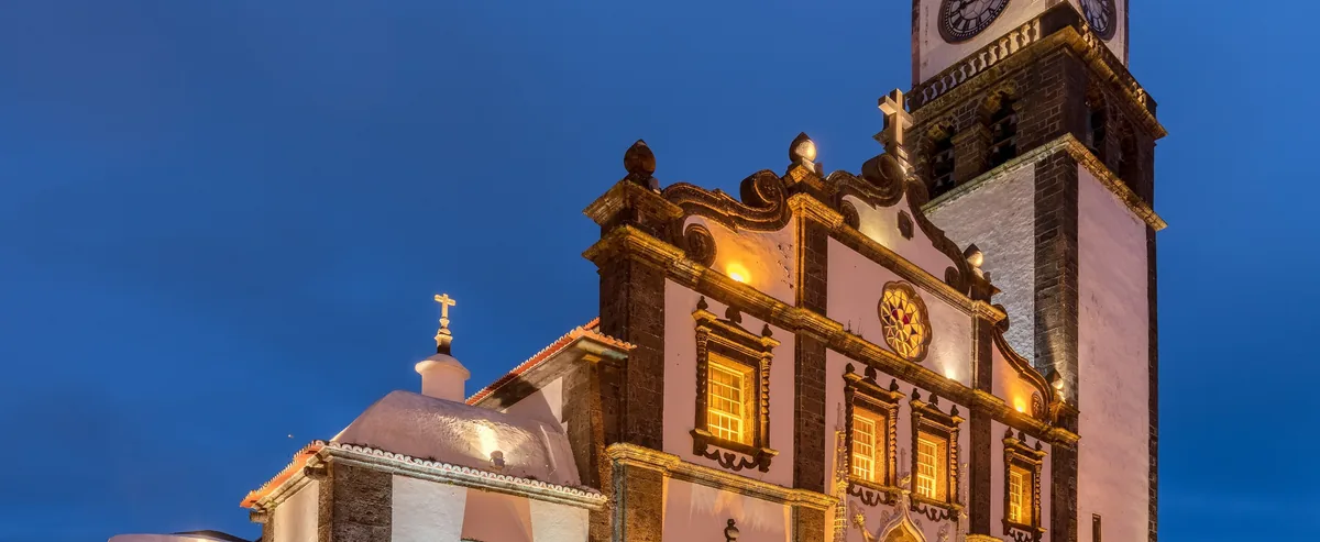 The illuminated Church of São Sebastião in Ponta Delgada.