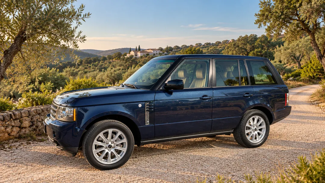 Navy Range Rover L322 parked beside trees with Algarve hills in the background.