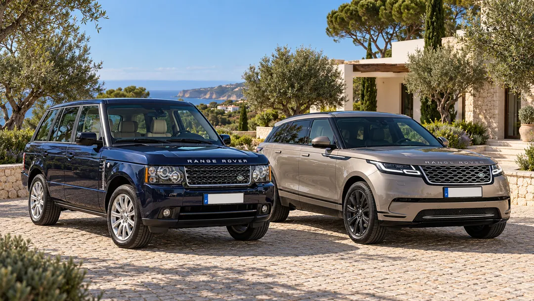 Navy Range Rover L322 and metallic Range Rover Velar parked side by side in a sunny Algarve setting.