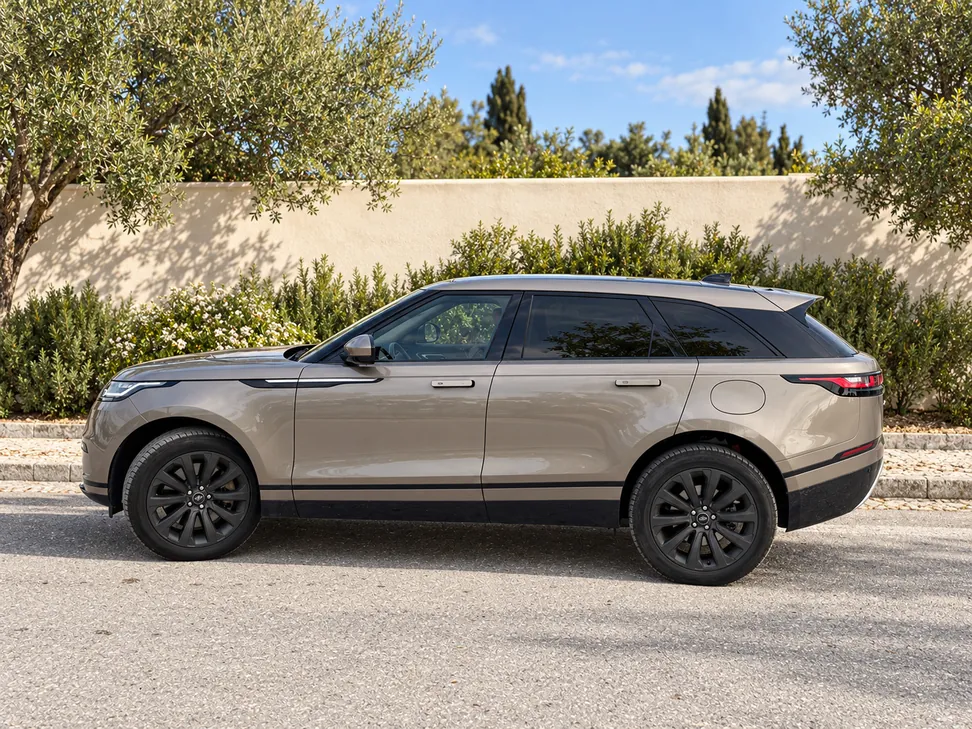 Side view of the metallic Range Rover Velar with dark wheels.