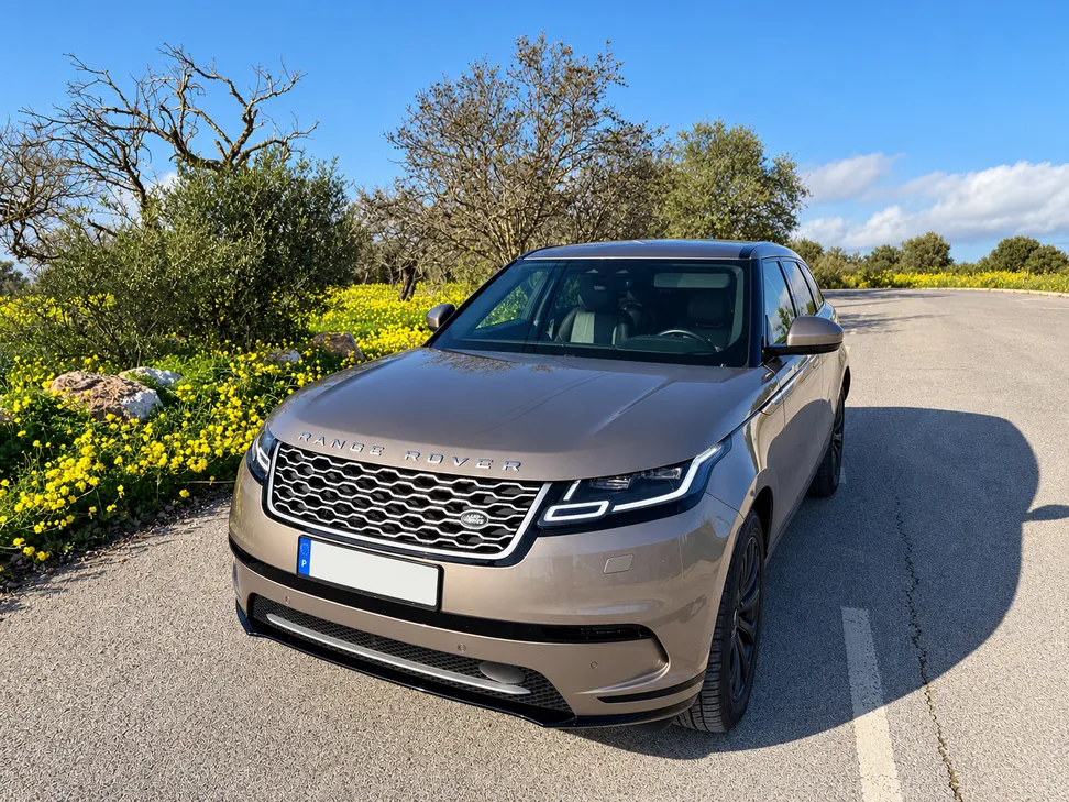 Front view of the Range Rover Velar parked beside a road with trees and yellow flowers.