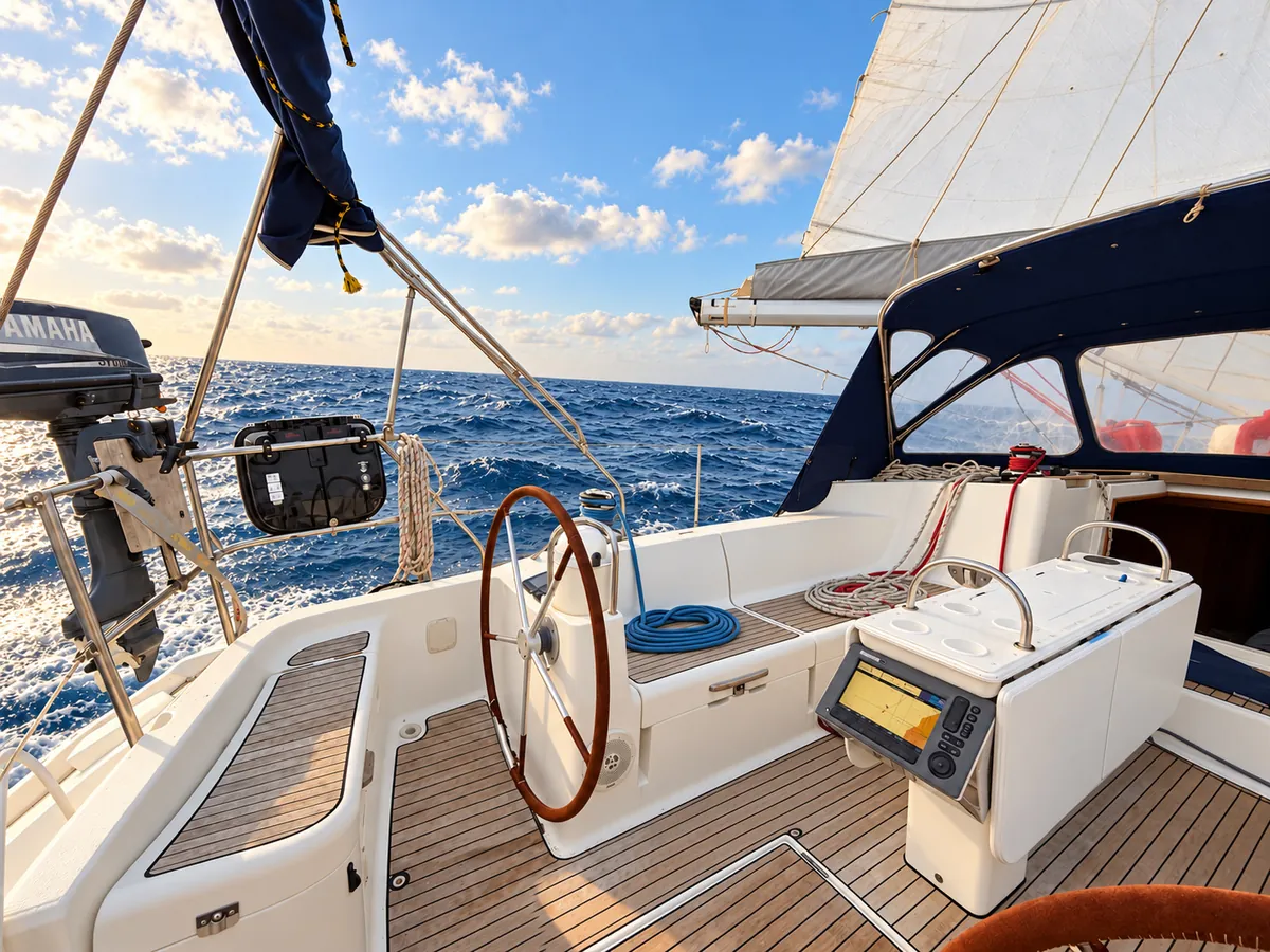 ZERO’s cockpit with wooden steering wheel, cream seating and rigging above the sea.