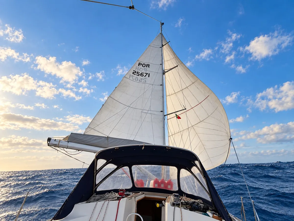 View along the cockpit towards ZERO’s raised sail at sea.
