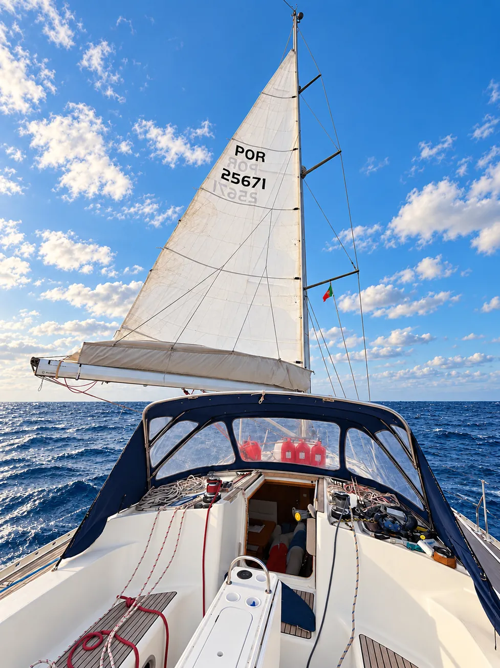 Looking from ZERO’s cockpit along the deck towards the mast and raised sail on blue water.