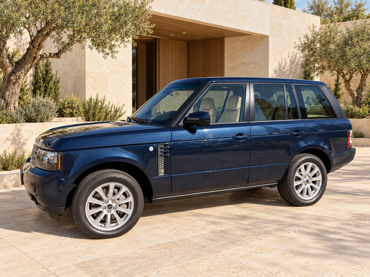 ZERO’s navy Range Rover Vogue L322, photographed from the side.